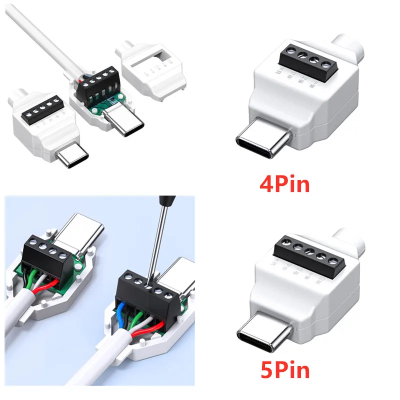 Adaptador USB C sin soldadura, bloque de terminales macho tipo C, conector de carga rápida de datos, enchufe de placa de terminales de tornillo de 4 pines y 5 pines