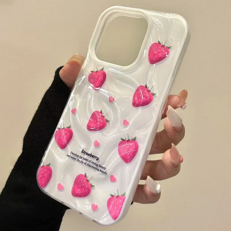 Fundas de teléfono con textura de fresa rosa para IPhone 16 Pro 15 13 12 11 14 Pro Max, funda protectora a prueba de golpes para chica encantadora, verano