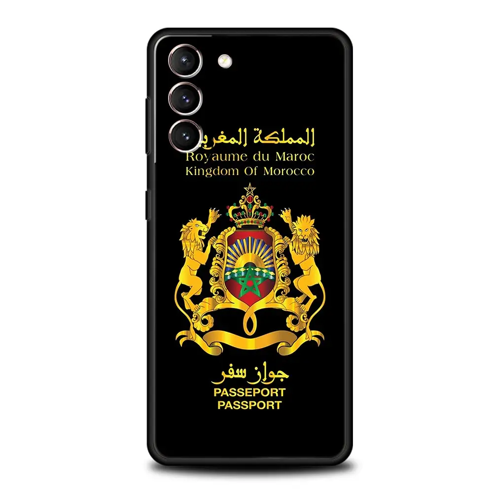 Funda de teléfono con pasaporte y bandera de Marruecos para Samsung Galaxy S24 S23 S22 S20 Ultra S21 FE 5G S10 S9 Plus S10E S8 Note 20 funda negra suave - imagen 3