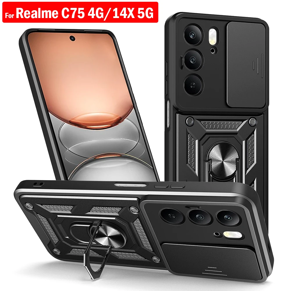 Armadura Capa para Realme C75 4G 14X 5G, funda deslizante con anillo para cámara, funda protectora para Realme C75 4G, funda a prueba de golpes