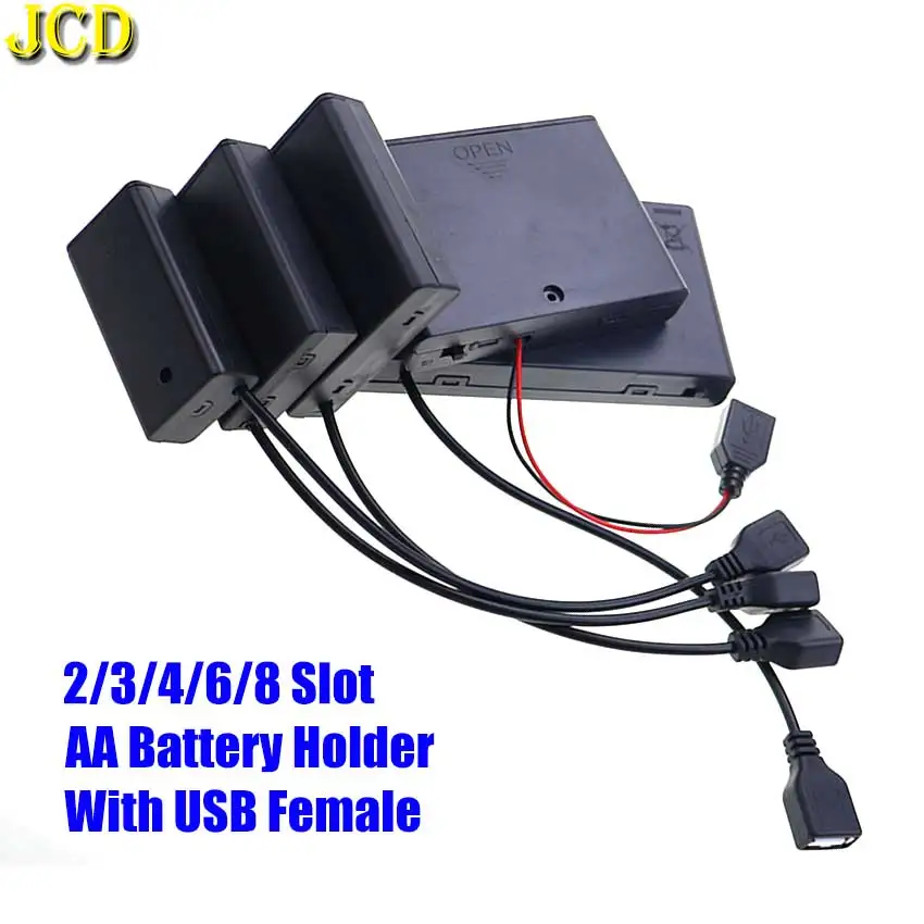 JCD 1 Uds 2/3/4/6/8 ranura AA soporte de batería 1,5 V AA caja de batería con cubierta con puerto de alimentación hembra USB interruptor y cubierta DIY