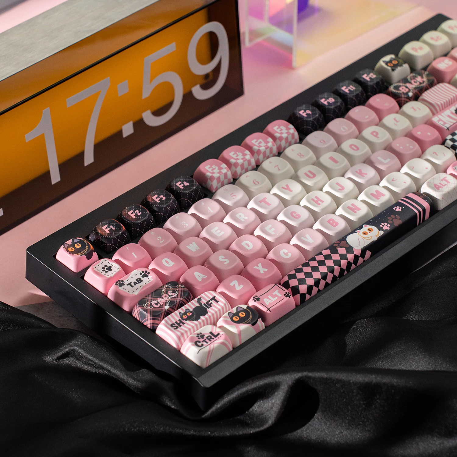 Dulce Cool Cat Keycap MOA perfil negro rosa 134 teclas redondas lindas gorras de bola PBT sublimación térmica teclas de teclado mecánico - imagen 4