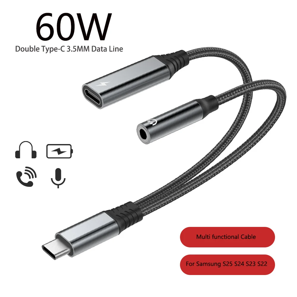 Nuevo Cable adaptador 2 en 1 tipo C a 3,5 MM para Samsung S25 Ultra Note Xiaomi 15 iPhone Huawei conector de carga rápida divisor de auriculares