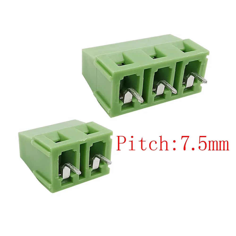 20 piezas-Bloque de terminales de tornillo PCB, Conector recto enchufable, empalmable, 7,5 V, 10A, verde, 3 P, 2/3mm, paso, 300 pines