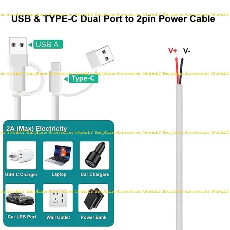 462e Tipo C Macho a 2 pin alambre desnudo Potencia altura abierta Cord Diy para ventilador LED - imagen 5
