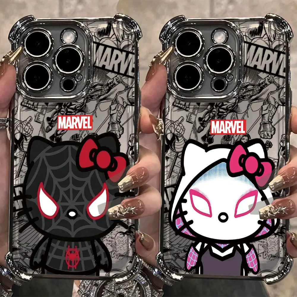 Funda chapada de Anime Marvel Hello Kitty para iPhone 16 15 14 13 12 11 Pro Max X XR XSMax 7 8 Plus, funda trasera anticaída Airabag