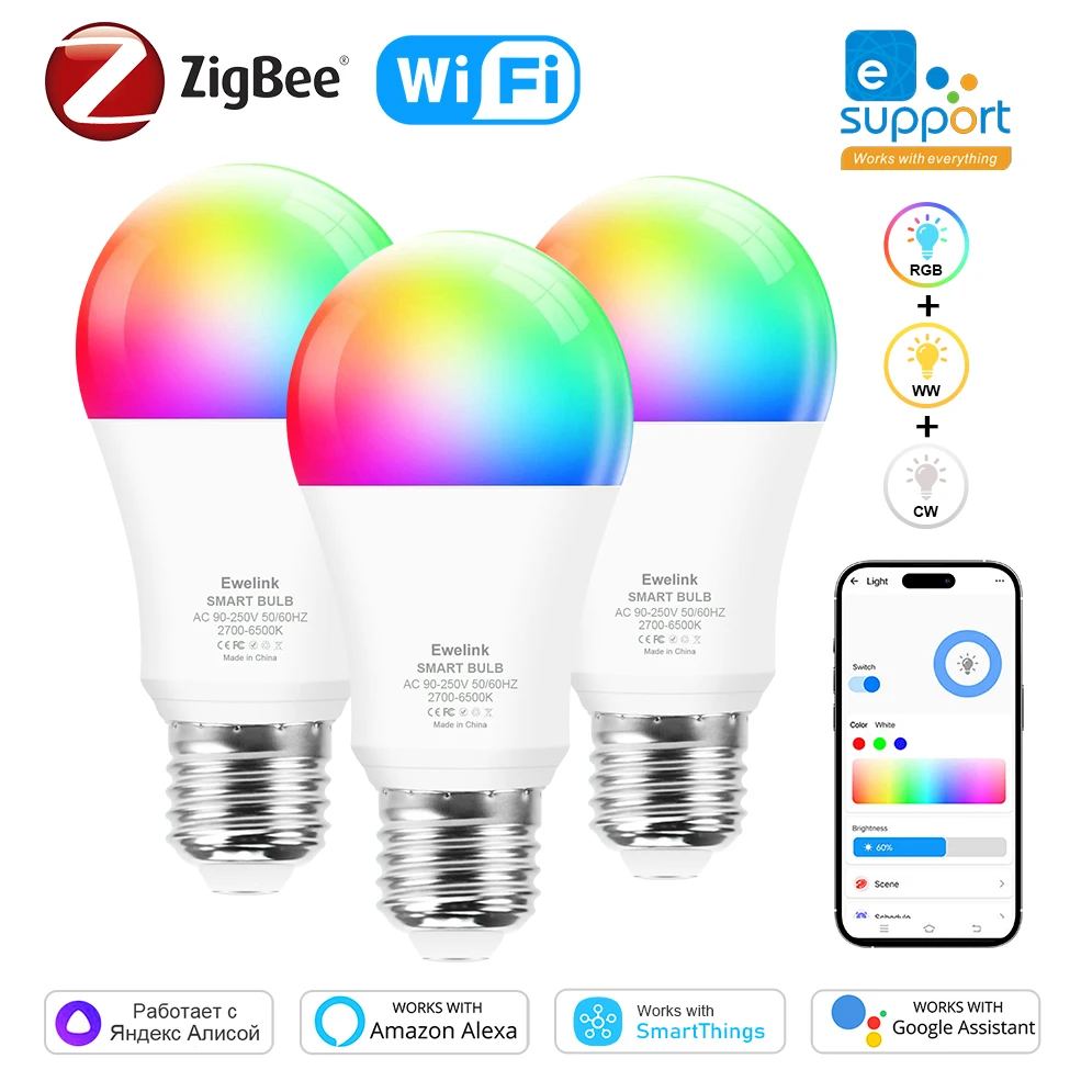 Ewelink-bombillas LED E26 E27 Zigbee, lámpara inteligente con Wifi, RGB + CW + WW, 15W, 18W, funciona con Alexa, Google, Smartthings, Yandex