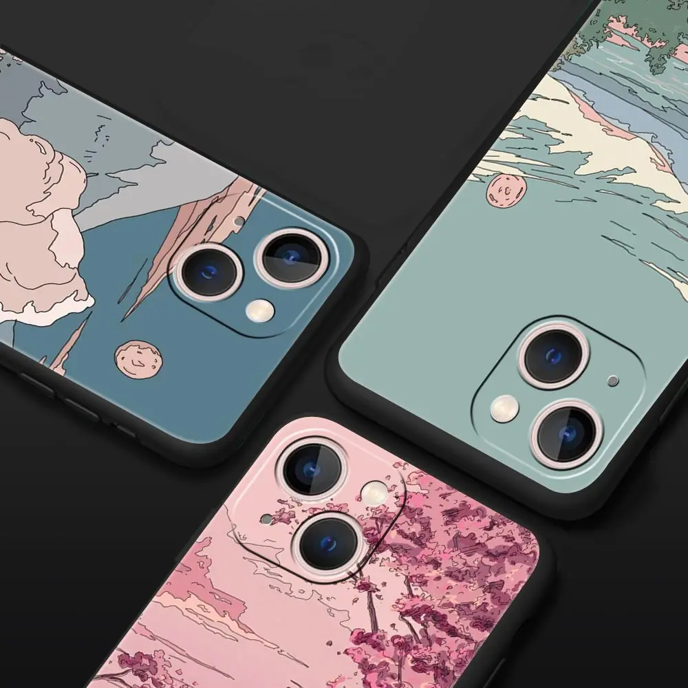 Funda de teléfono de lujo con paisaje de puesta de sol de Japón, cubierta protectora de silicona negra para iPhone 13, 15, 14, 12, 11 Pro MAX, XR, X, SE, XS, 7, 8 Plus - imagen 2