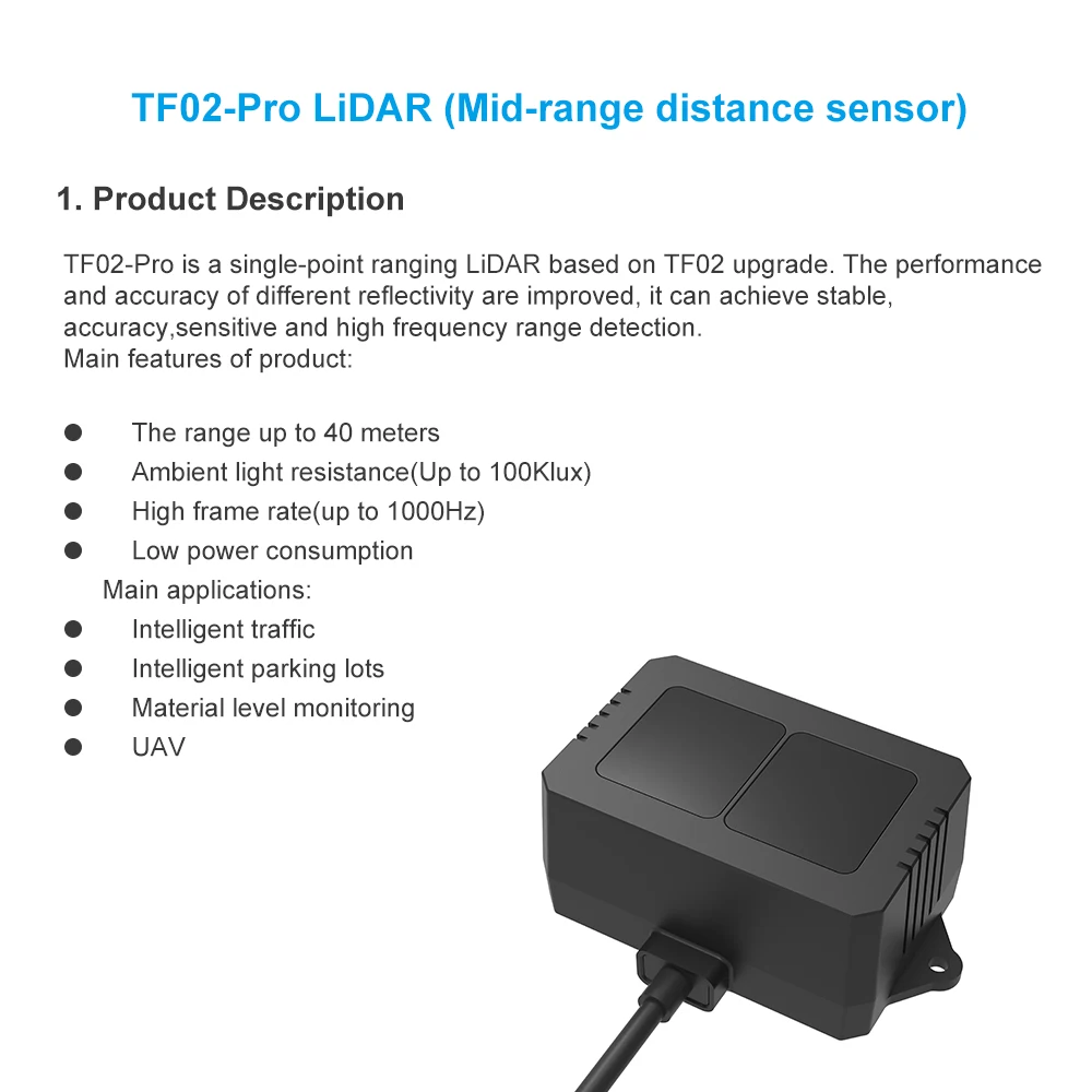 Benewake TF02 Pro sensor de distancia de rango medio, velocidad de marco de 1000 Hz y módulo Lidar de alcance de funcionamiento de 40 metros para interior/exterior/Robot - imagen 4