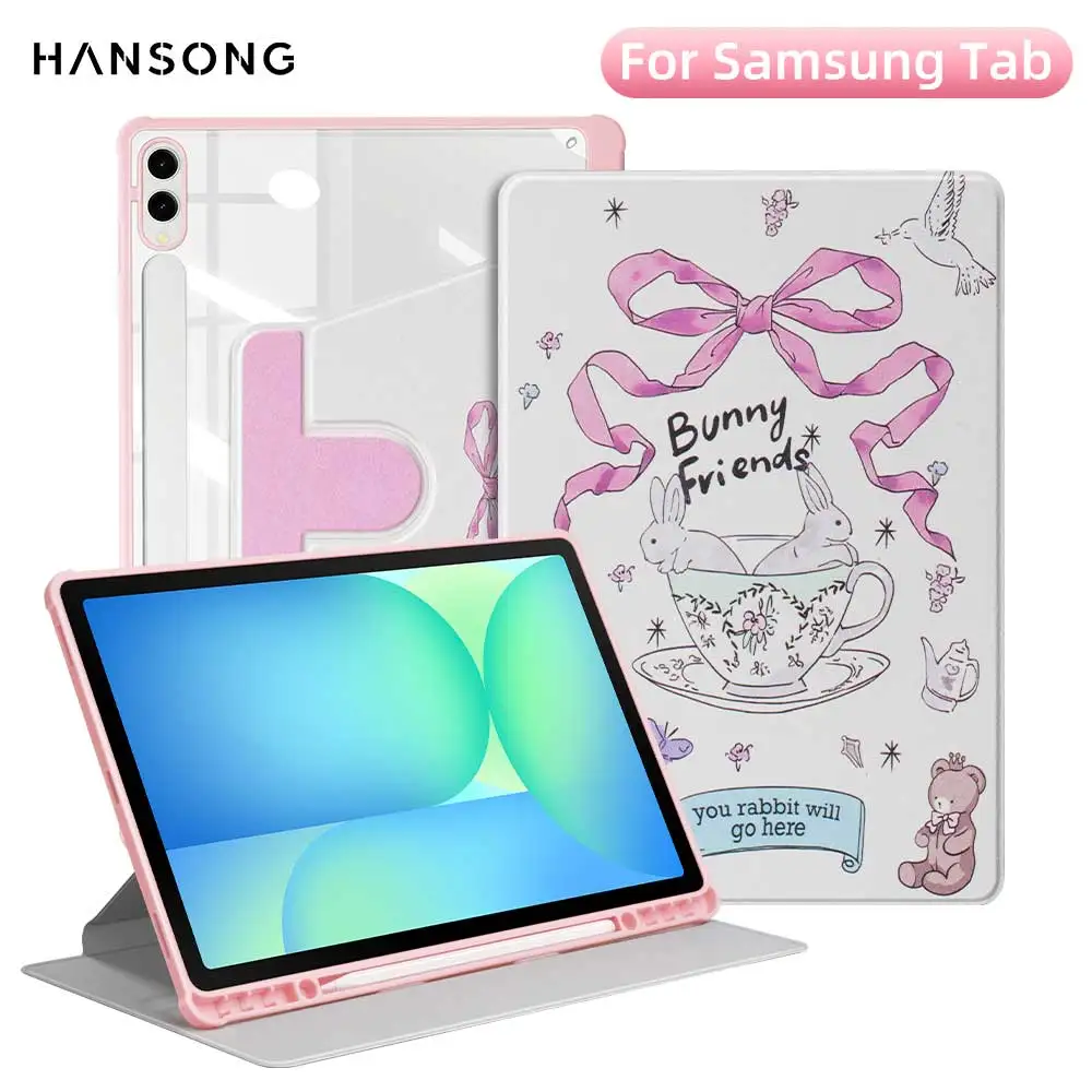 Rotación de 360 para Samsung Galaxy Tab A9 Plus A8 10,5 funda taza de té Bunny Galaxy Tab S10 S9 FE 10,9 S7 S8 11 PLUS 12,4 13,1 S6 Lite