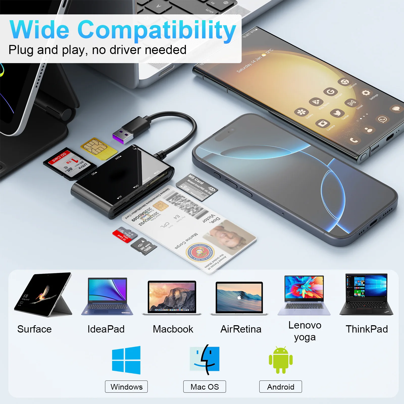 UTHAI CR375 Accesorios para computadora portátil Lector de tarjetas inteligentes 6 en 1 Smart/MS/M2/TF/SIM/SD Tarjeta de identificación Tarjeta bancaria Lector de tarjetas de seguridad social - imagen 3