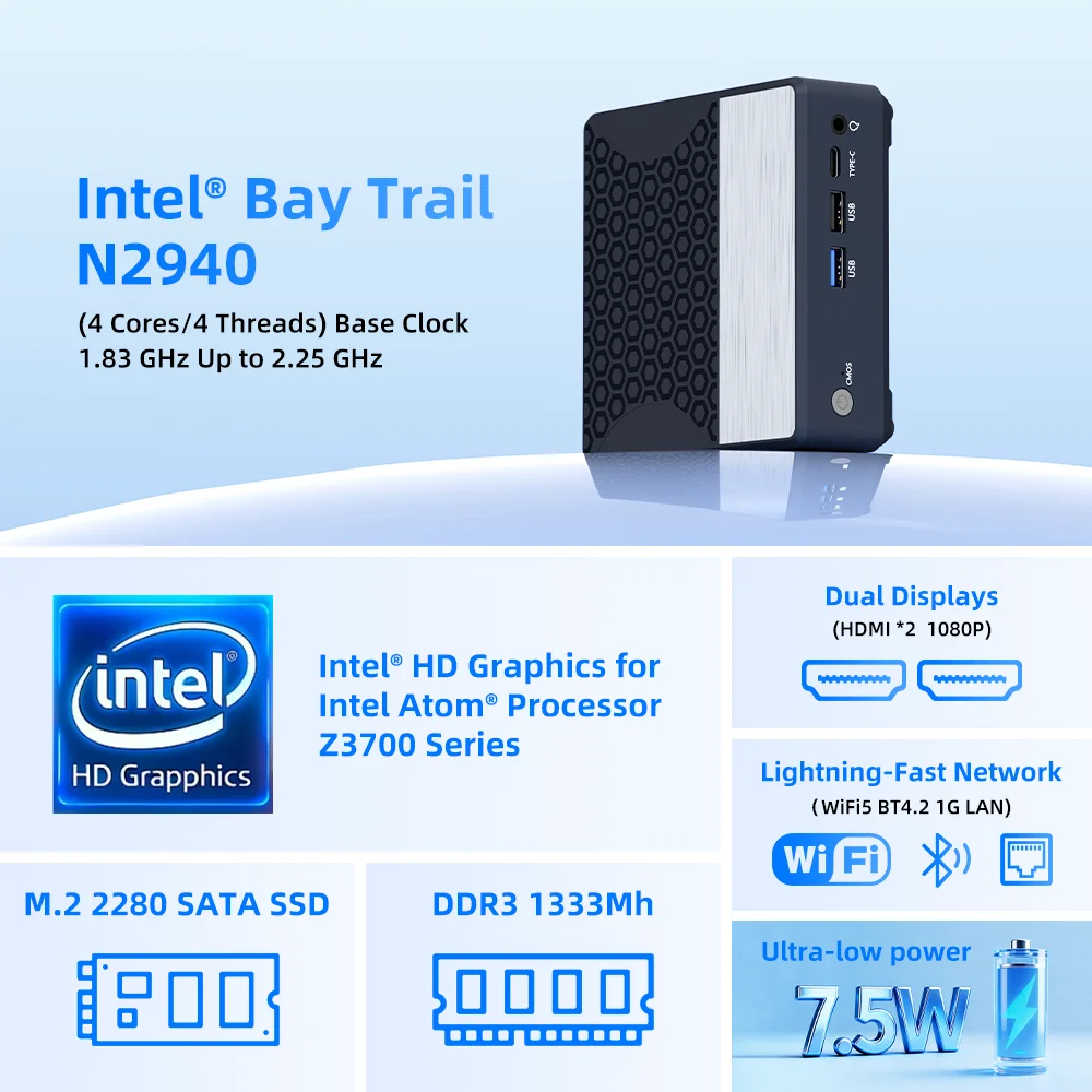 ZXIPC MINI PC Zen+ Intel de bolsillo ®   Bay Trail N2940 Pantalla dual Intel ®   Gráficos HD 1G LAN WIFI5 BT 4.2 DDR3 NUC - imagen 3