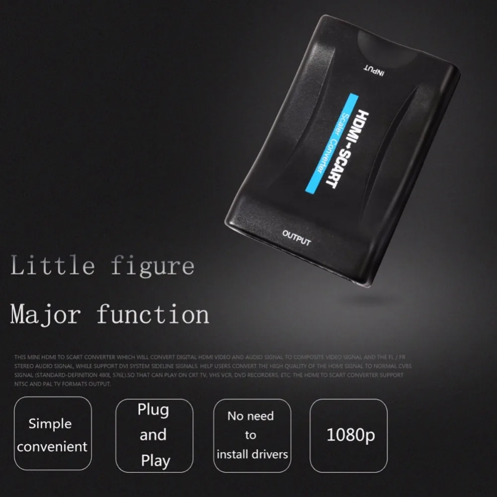 Convertidor de vídeo compuesto HDMI a SCART 1080p + CABLE CC o enchufe de 5V 1A CC fuente de alimentación para grabadoras de DVD CRT TV VHS VCR