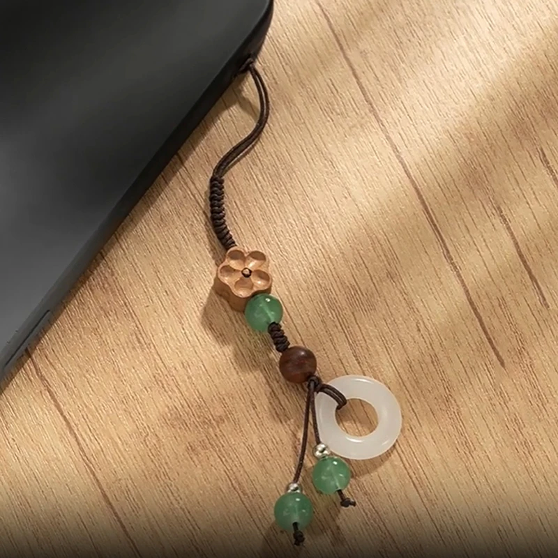 Anillo tejido de flor de ciruelo de madera Vintage, cuentas redondas de pared, borla, cadena para teléfono móvil, correas para teléfono móvil, cordón corto, cuerda de mano - imagen 4