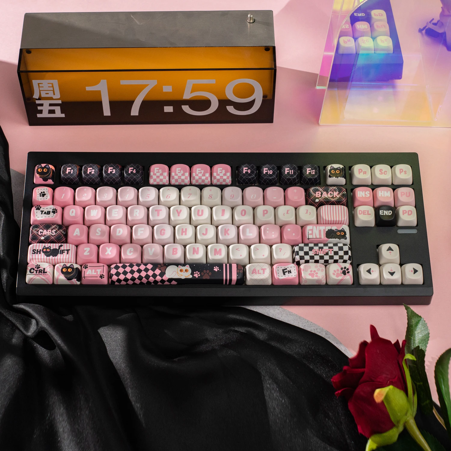 Dulce Cool Cat Keycap MOA perfil negro rosa 134 teclas redondas lindas gorras de bola PBT sublimación térmica teclas de teclado mecánico - imagen 3