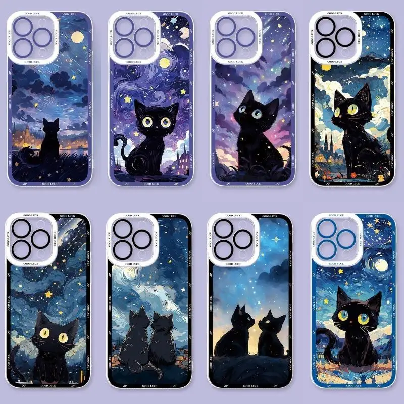 Funda de gato negro de noche estrellada para Samsung Galaxy A55 A54 A35 A14 A23 A24 A34 S24 Ultra S22 S23 Plus S20 S21 FE A52 A53 A32