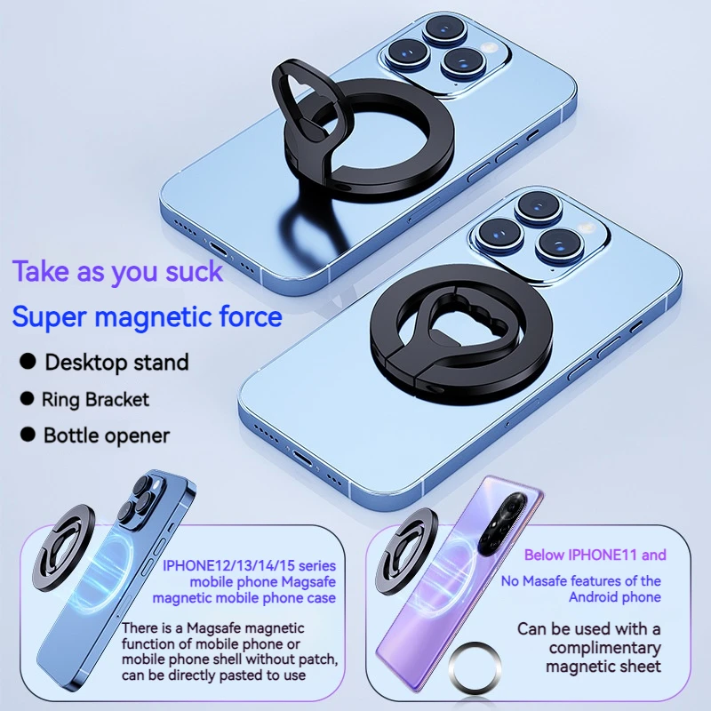 Soporte de anillo magnético de Metal portátil para teléfono de escritorio, abridor de botellas con soporte plegable 2 en 1 para Iphone 12 13 14 15 Pro Max Samsung Xiaomi - imagen 5