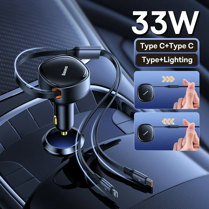 Cargador de coche Baseus 2 en 1 PD 20W Cable retráctil de carga rápida 30W 33W cargador de teléfono de carga rápida tipo C para Xiaomi iPhone - imagen 3