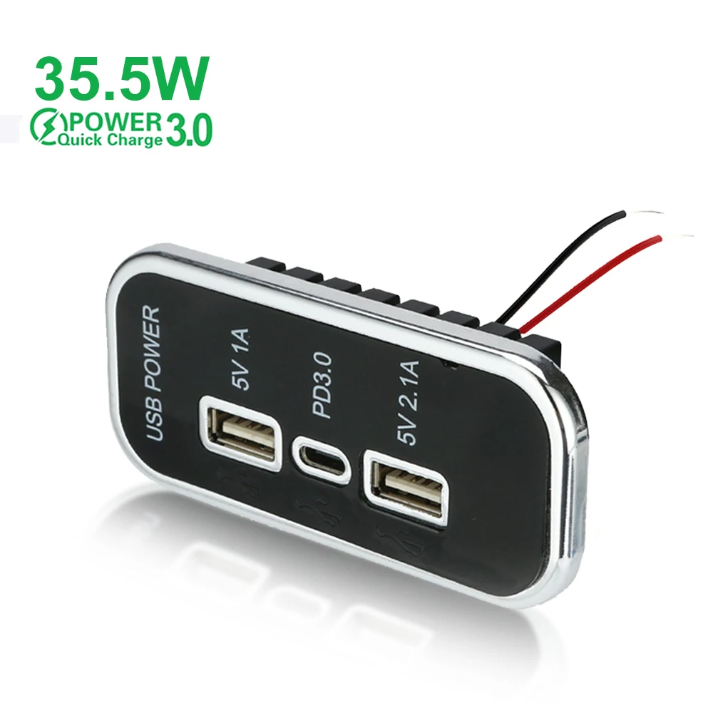 3 puertos 35,5 W PD tipo C 2.1A 1A USB cargador de coche enchufe 12/24V para motocicleta Auto camión ATV barco RV Bus adaptador de corriente salida