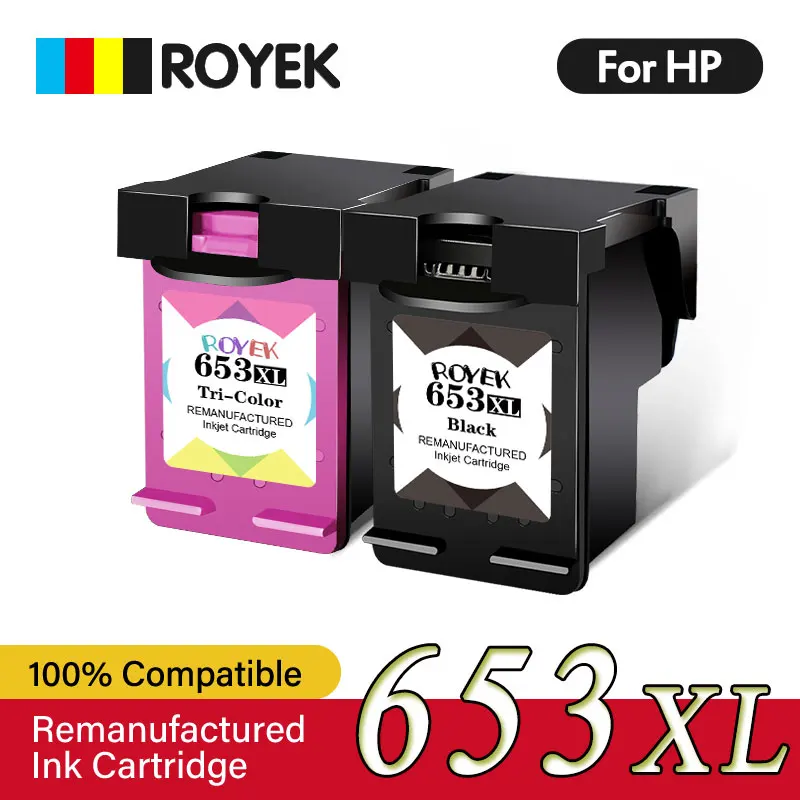 Cartucho de tinta de repuesto ROYEK 653XL para impresora HP 653 HP653 XL Compatible DeskJet Ink Advantage 1275 2374 2375 6075 6475