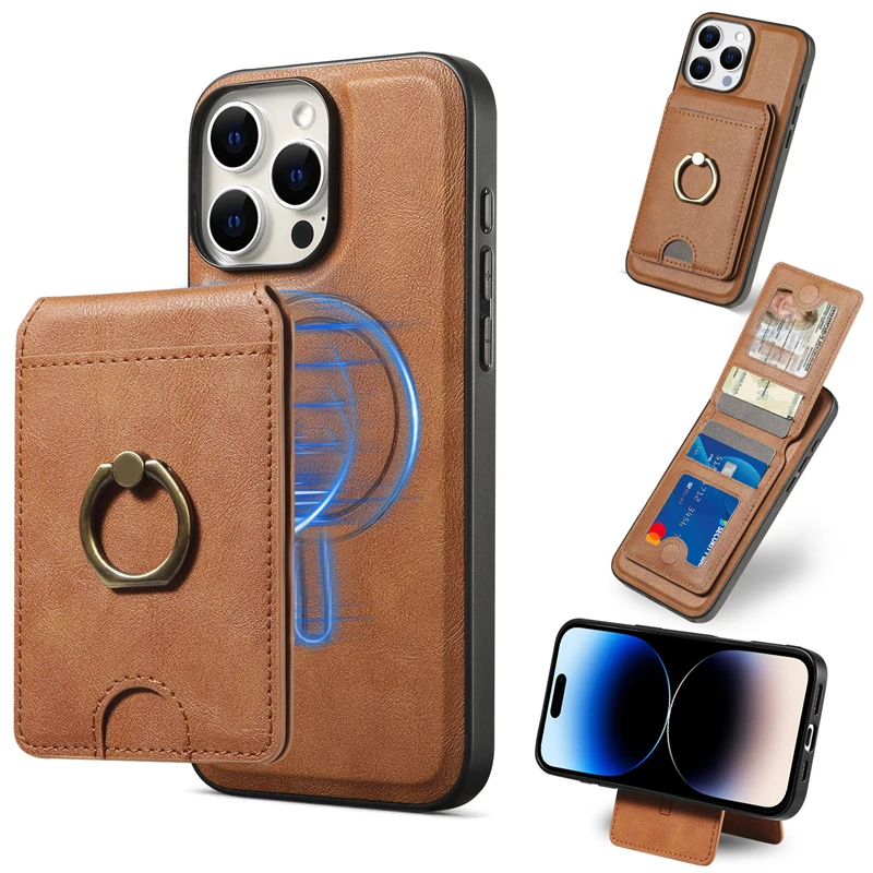 Funda con soporte de anillo tipo billetera con tapa de cuero magnético 2 en 1 para Magsafe IPhone 16 15 14 13 12 Pro Max Plus 16e i16 Mag funda con soporte seguro