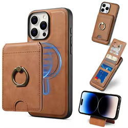 Funda con soporte de anillo tipo billetera con tapa de cuero magnético 2 en 1 para Magsafe IPhone 16 15 14 13 12 Pro Max Plus 16e i16 Mag funda con soporte seguro