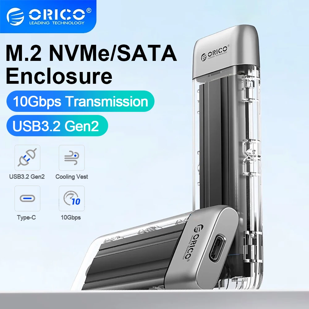 ORICO Caja de disco duro Extemal M.2 NVME SATA SSD Caja de aleación de zinc Herramienta gratis 10Gbps Tipo C Adaptador externo Caja SSD portátil
