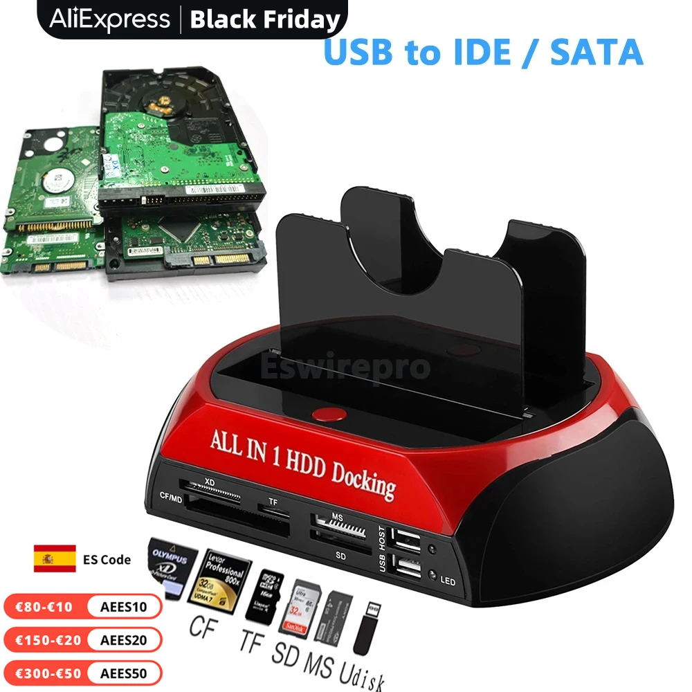 USB a Sata IDE HDD con lector de tarjetas, estación de acoplamiento de disco duro USB, carcasa externa Hd, SSD a Caja USB