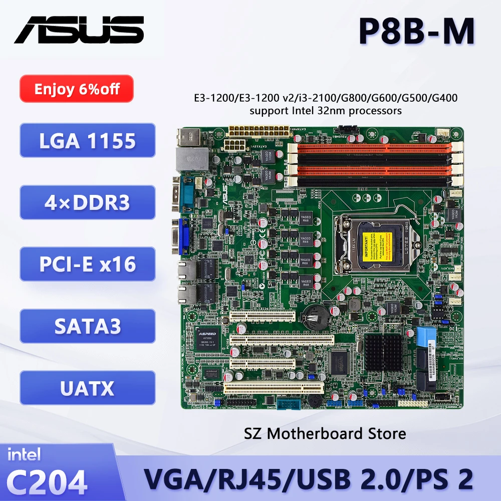 Placa base ASUS P8B-M Socket 1155 UATX 4 × DDR3 DIMM C204 compatible con CPU Intel Xeon E3-1270 V2 I7-3770 I7-2600 4 × SATA II 1 × PCI