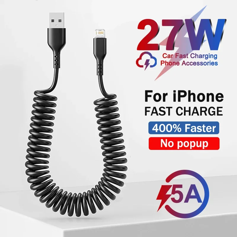 PD 27W 5A Cable de carga rápida elástico de resorte de coche para Apple iPhone 14 11 12 13 Pro Max 7 8 14 Plus X XR XS accesorios de Cable de datos
