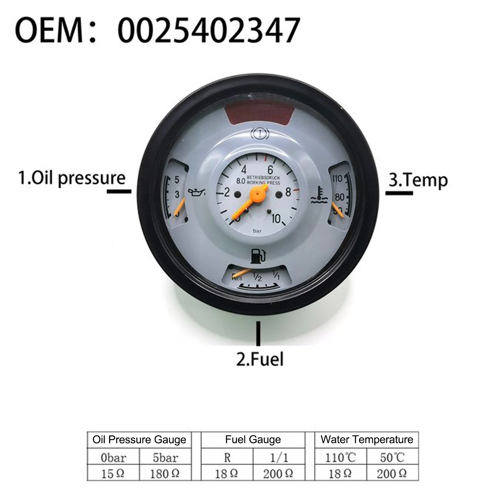 Medidor de combustible 3 en 1 Medidor de temperatura del agua 0025402347 Medidor de presión de aceite Medidor de temperatura del agua de acero inoxidable para automóviles y camiones pesados - imagen 2