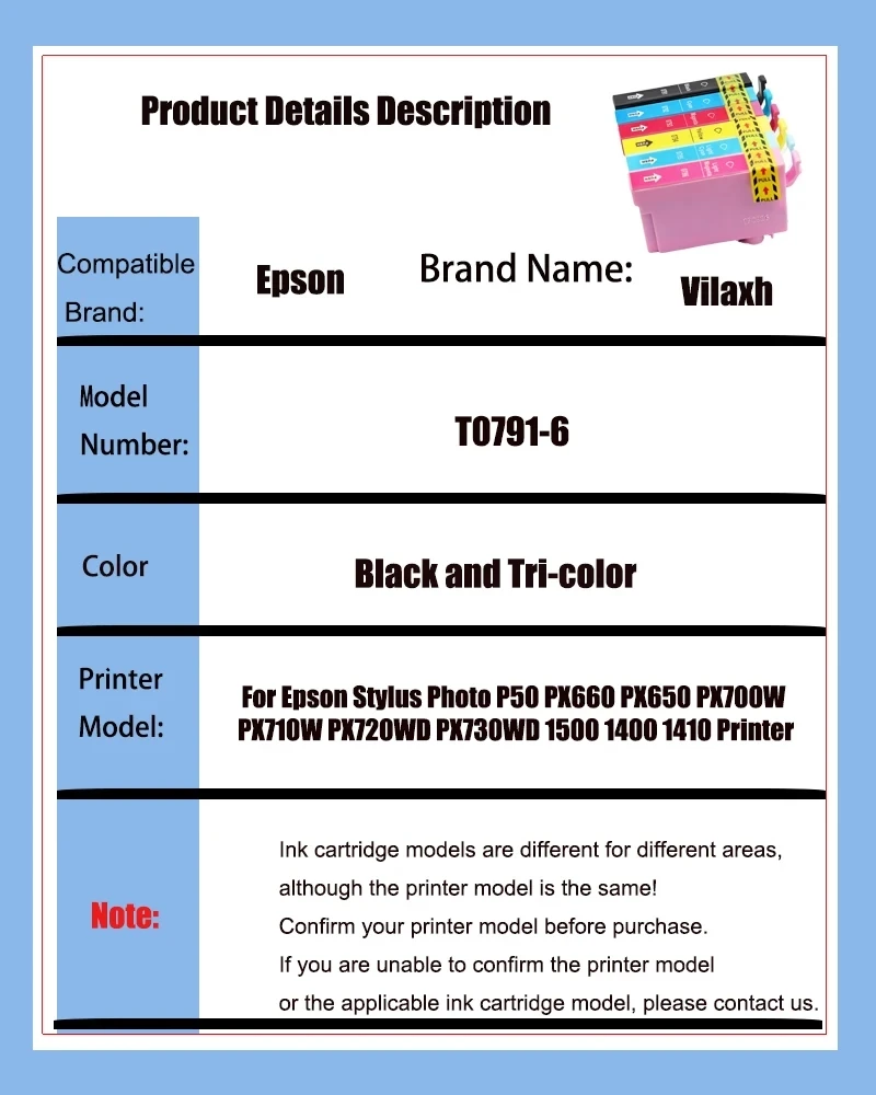 Cartucho de tinta compatible con T0791-T0796, para impresora Epson Stylus Photo P50, PX660, PX650, PX700W, PX710W, PX720WD, PX730WD, 1500, 1400, 1410 - imagen 2