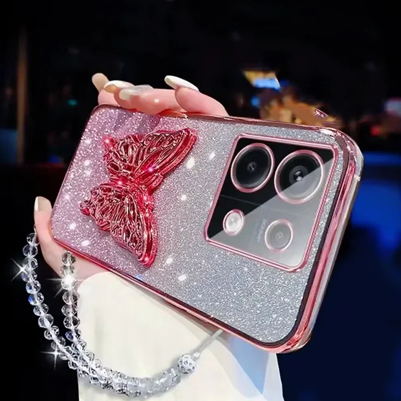 Fashion Butterfly Phone Holder Crystal Bracelet Glitter Plating Case for Xiaomi Redmi 14C Poco C75 C71 F7 Pro Bracket Back Cover - imagen 3