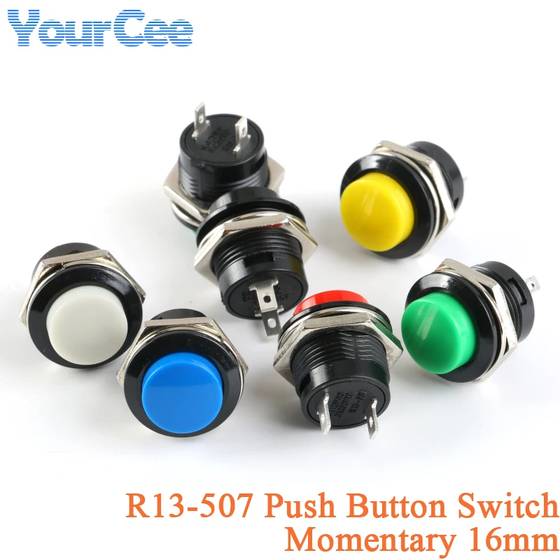 5 uds R13-507 interruptor de botón momentáneo 16mm interruptores de tapa redonda AC 6A/125V 3A/250V reinicio automático 7 colores negro rojo verde blanco - imagen 2