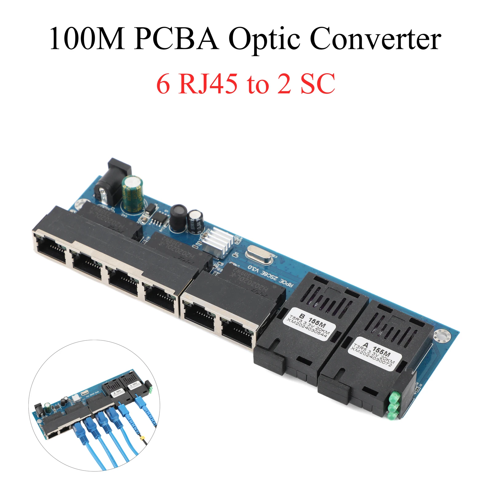 Conmutador Ethernet POE, convertidor de medios de fibra óptica de 10M/100M, placa PCBA 6 RJ45 + 2 puertos SC A + B 1310nm/1550nm 20KM
