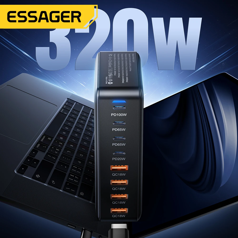 Essager-cargador GaN de 320W, estación de carga de escritorio USB tipo C de 8 puertos PD 100W, carga rápida para iPhone 17 16 15 iPad MacBook y portátil - imagen 4