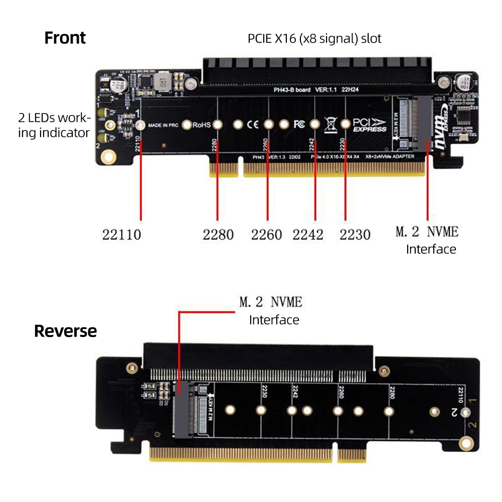 Adaptador PCIe X16 a X8 + X4 + X4 M.2 PCIE, puertos de entrada M.2 NVMEx2, tarjeta de expansión compatible con SSD 2280/2260/2242/2230 - imagen 5