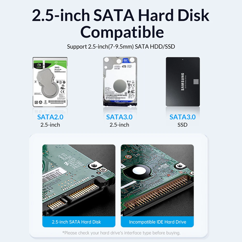 Una selección de discos duros compatibles con interfaces SATA de 2,5 pulgadas. Se muestran tres tipos de unidades: 1. Un disco duro SATA2.0 de 2,5 pulgadas, que probablemente sea un 2