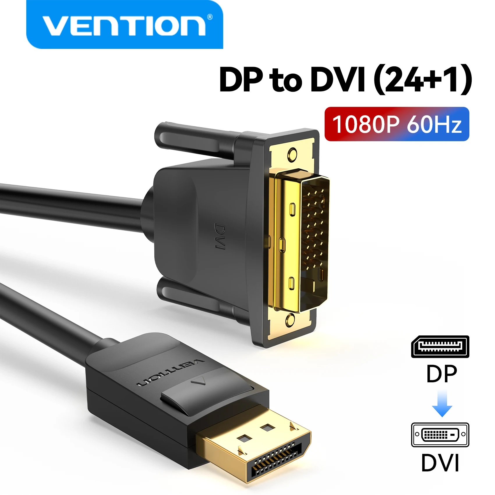Vention DisplayPort a DVI Cable 1080P 24 + 1 DP a DVI-D Adaptador macho a macho para PC Monitor portátil Proyector DP a DVI Cable