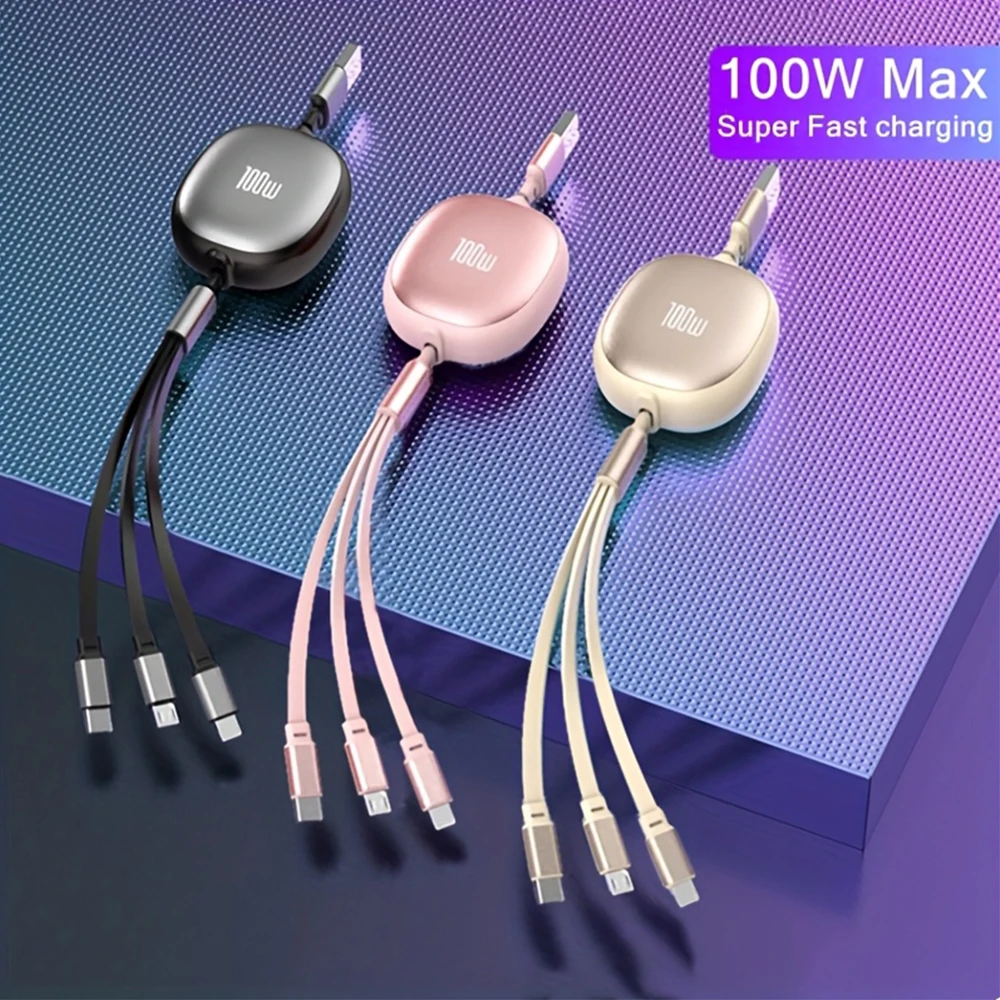 Cable de carga rápida micro retráctil 3 en 1 de 100W USB a tipo C para iPhone 14 13 12 11 Pro Max 7 8 Samsung S24 Xiaomi Cable