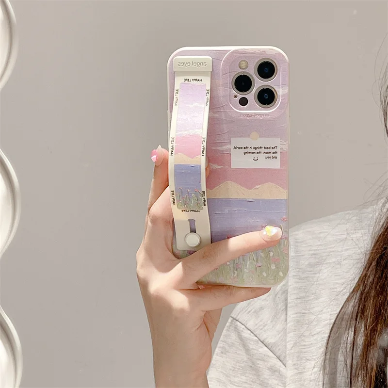 Sunset Mist-funda para iPhone 12 11ProMax 13PRO, con pintura al óleo, correa para la muñeca - imagen 3