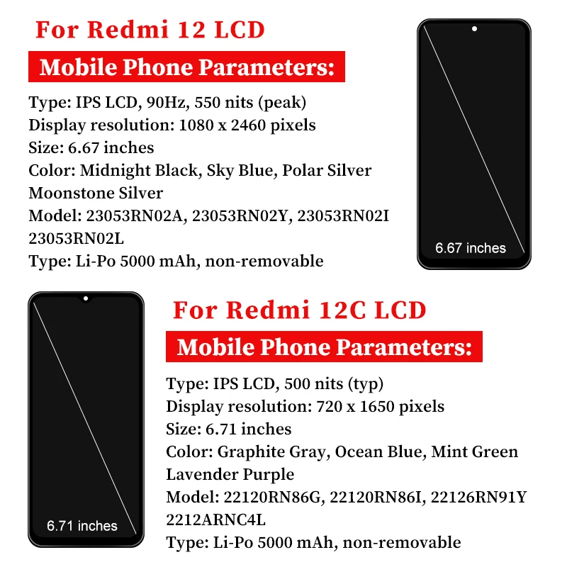 Nuevo 12C para Xiaomi Redmi 12C LCD Poco C55 pantalla táctil digitalizador para Redmi 12 pantalla 23053RN02A piezas de repuesto LCD - imagen 2