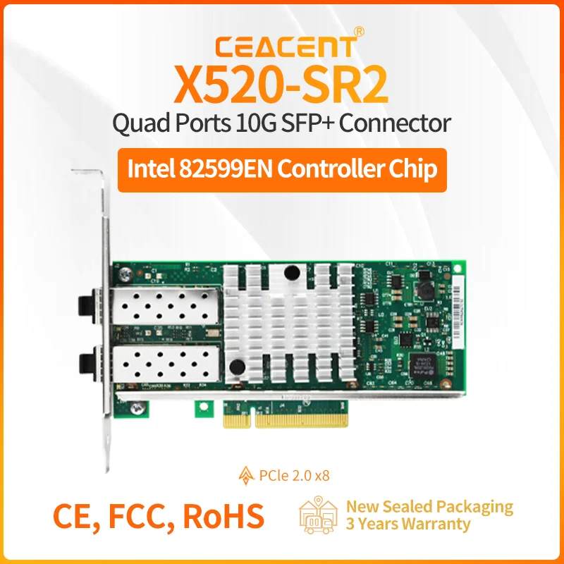 Chipset Intel 82599ES X520-SR2 PCIe 2,0 x8 10/1Gb tarjeta de red de servidor Ethernet 2 puertos SFP + con transceptor SFP+ multimodo 10G