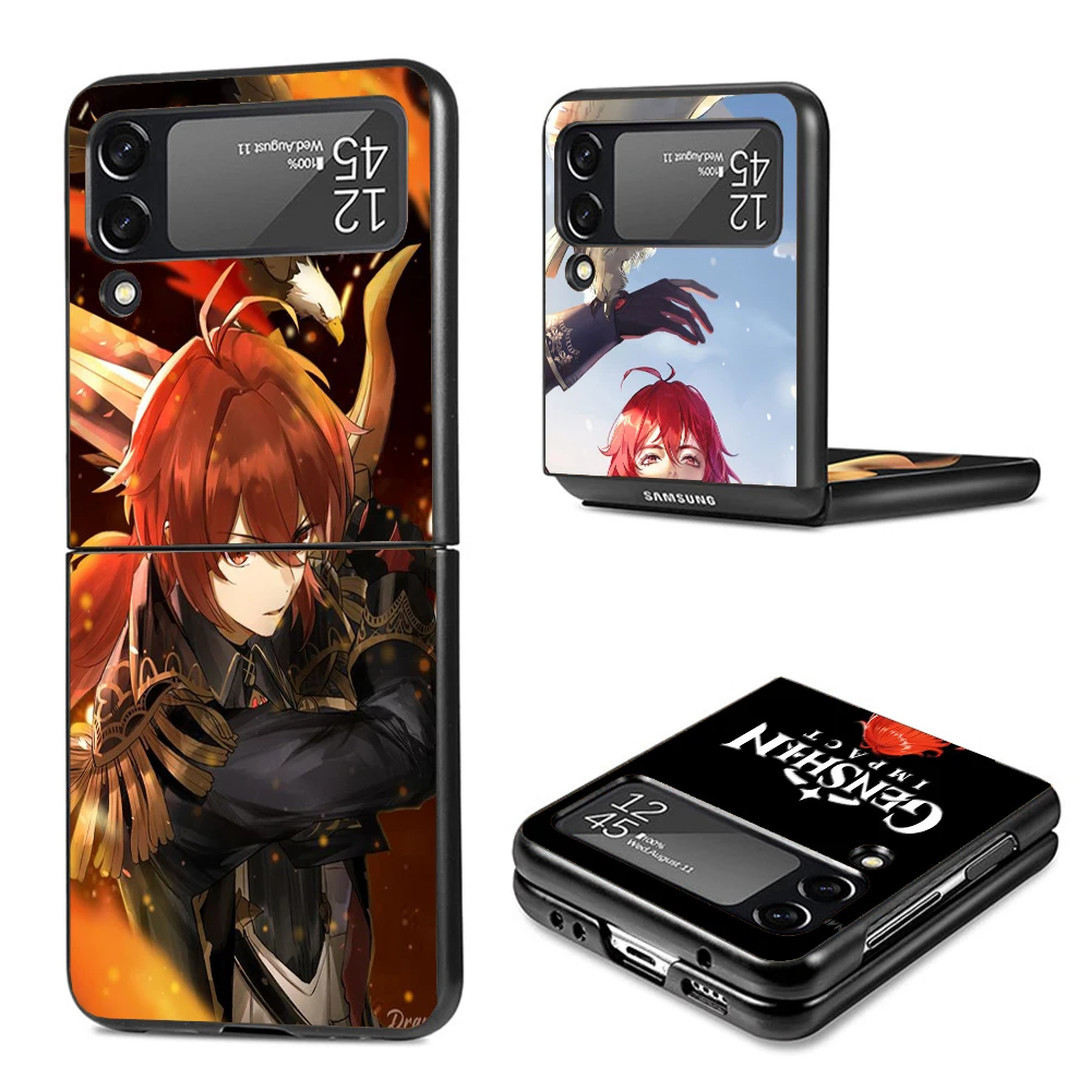 Genshin Impact Diluc-fundas de teléfono negras para Samsung Z Flip 7, 6, 5, 4, 3, galaxia de lujo ZFlip7 ZFlip6 Flip5 Flip4 Flip3, funda Z - imagen 2