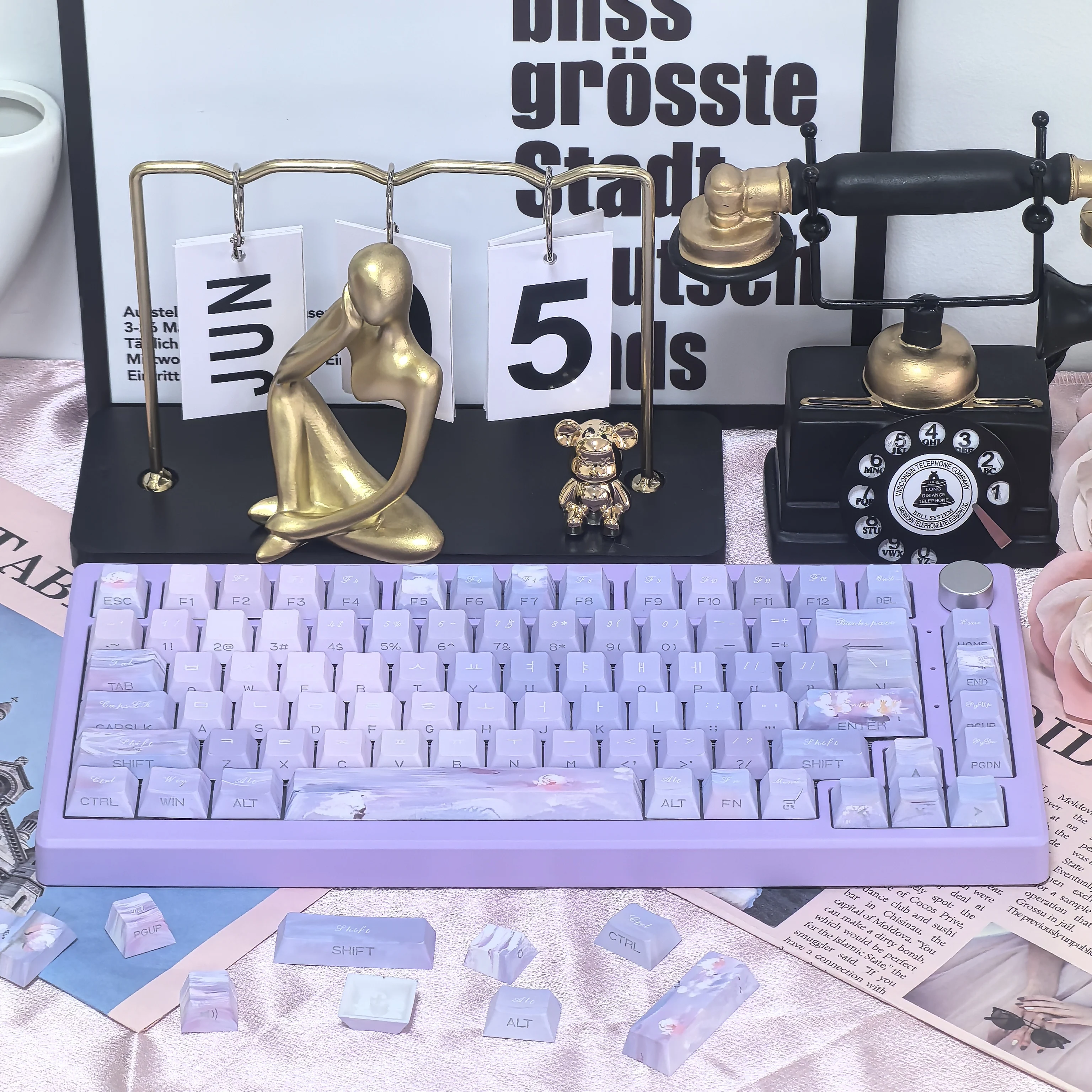 Tecla púrpura coreana, 130 teclas, Monet, lirio de agua de ensueño, KR, sublimación de cereza Pbt, DIY, translúcido grabado lateral, Hangul Keycap - imagen 5