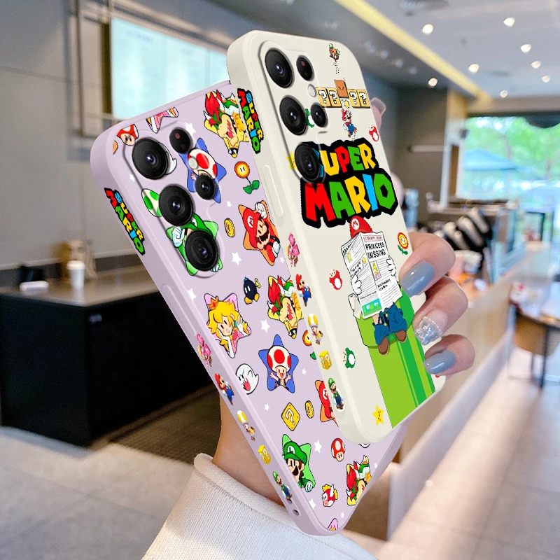 S-Super m-marios b-bros Linda cuerda izquierda líquida para Samsung Galaxy S24 S23 S22 S21 S20 FE S10 Ultra Plus Lite 5G TPU funda de teléfono