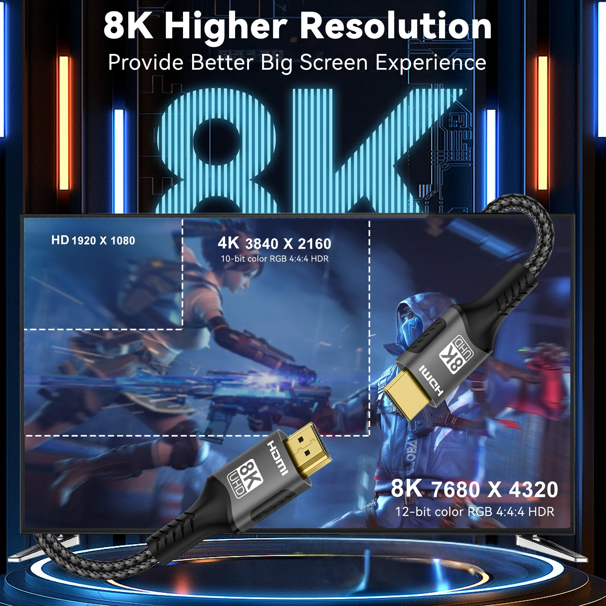 FDBRO 8K HDMI 2,1 Cable 8K @ 60Hz 4K @ 120Hz 48Gbps EARC ARC HDCP Ultra alta velocidad HDR para Cable de vídeo RTX PC portátil proyector HD TV - imagen 5