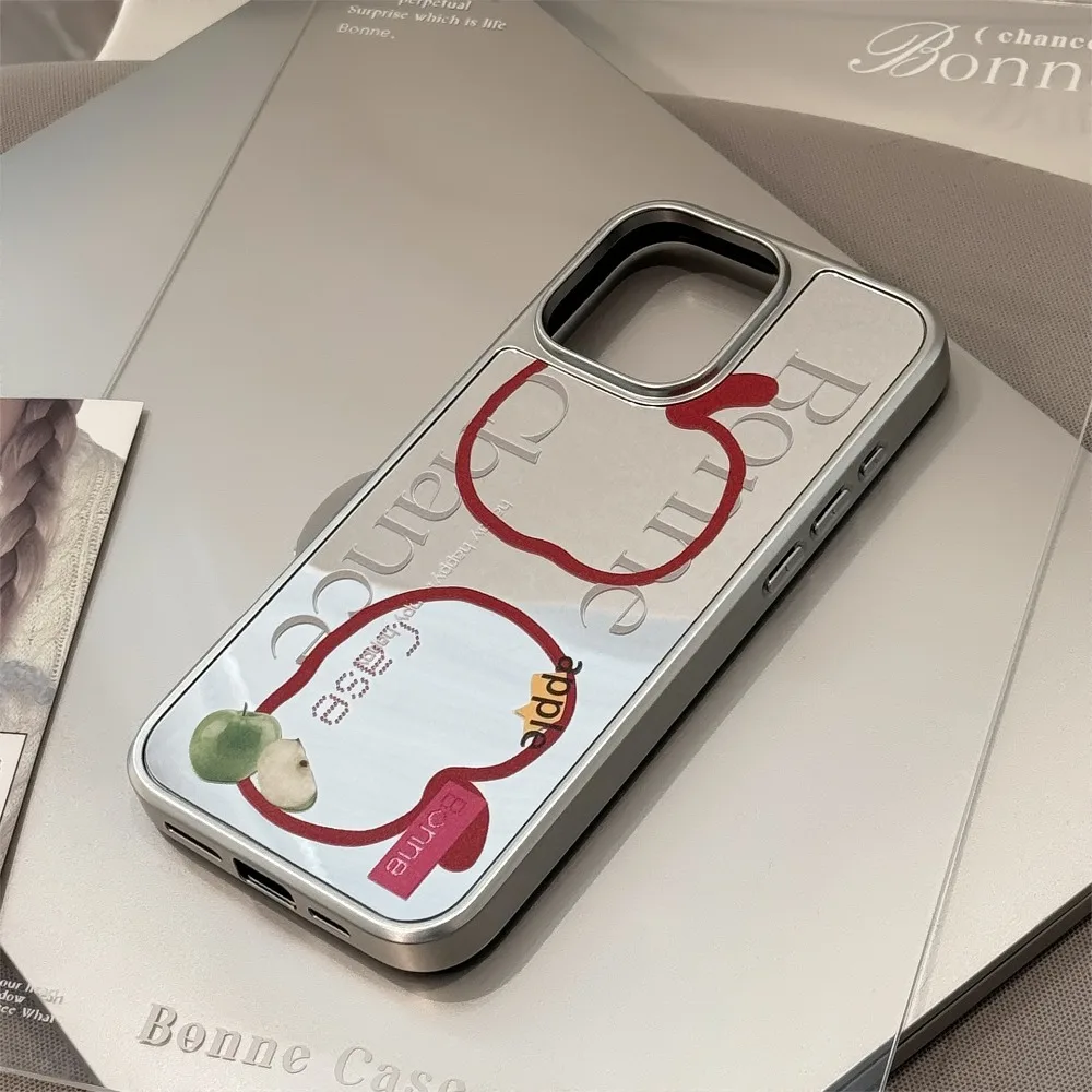Funda de teléfono anticaída epoxi con borde plateado y patrón de manzana tipo espejo para iPhone XR/11/12/13/14/15/16/17 Pro Max
