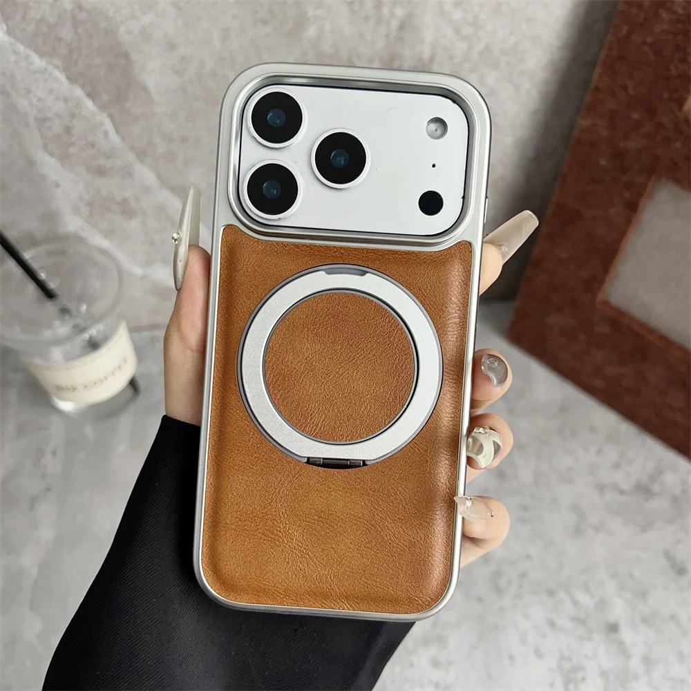 Funda de teléfono de cuero con soporte magnético y anillo magnético giratorio para iPhone 17 16 15 14 13 Pro Max Plus, funda protectora híbrida chapada en aire - imagen 4