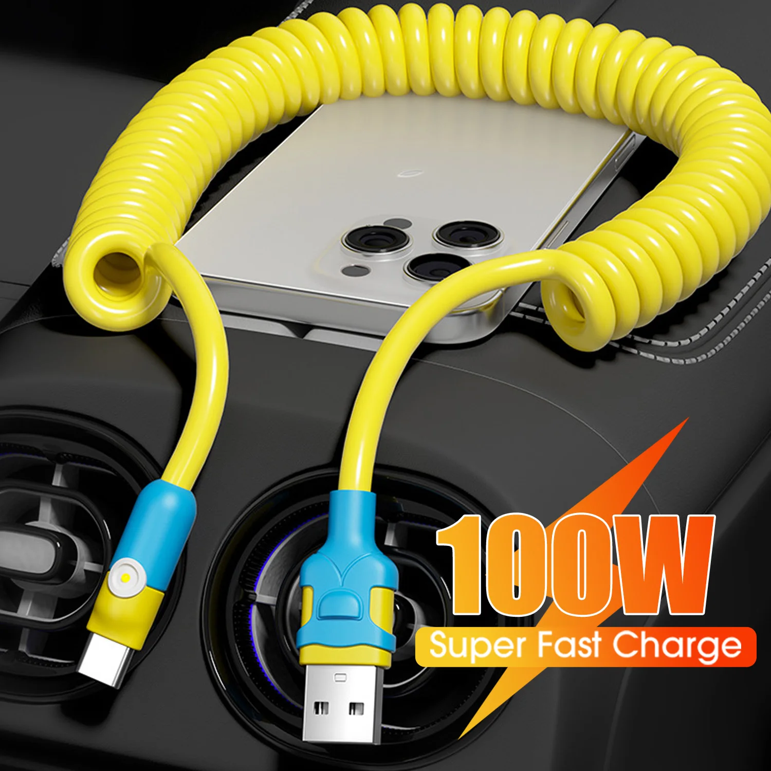 Cable de datos USB tipo C Dual 6A 100W, Cable de carga rápida con resorte telescópico para iPhone Samsung Mi USB-A a Cable de carga tipo C - imagen 2